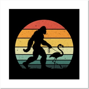 Bigfoot Sasquatch Walking Flamingo Vintage Sunset Bird Lover Posters and Art